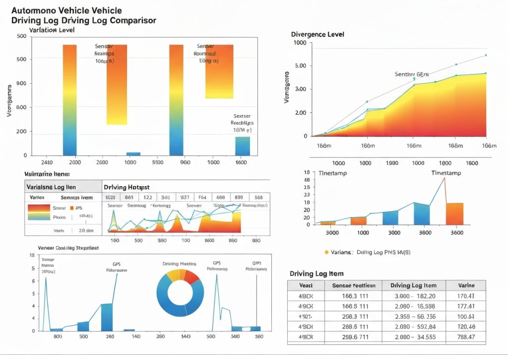 자율주행 차량 주행 로그 비교 대시보드로, 변동 수준을 보여주는 다채로운 막대 차트, 센서 판독값이 있는 발산 수준 영역 차트, 다양한 로그 항목에 대한 주행 핫스팟 라인 그래프, 차량 오버레이 산점도, 타임스탬프별 데이터가 포함된 하단 테이블이 포함되어 있습니다