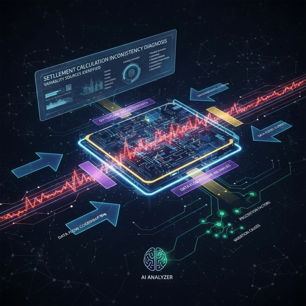 중앙에 마이크로칩 플랫폼이 있는 정산 계산 불일치 진단의 3D 시각화로, 빨간색 변동 파형, 데이터 흐름 조정 데이터, 데이터 정렬 이상 징후, 처리 요인, 변동 원인 경로가 레이블로 표시되어 있으며, 하단에 AI 분석기 뇌 아이콘이 있습니다