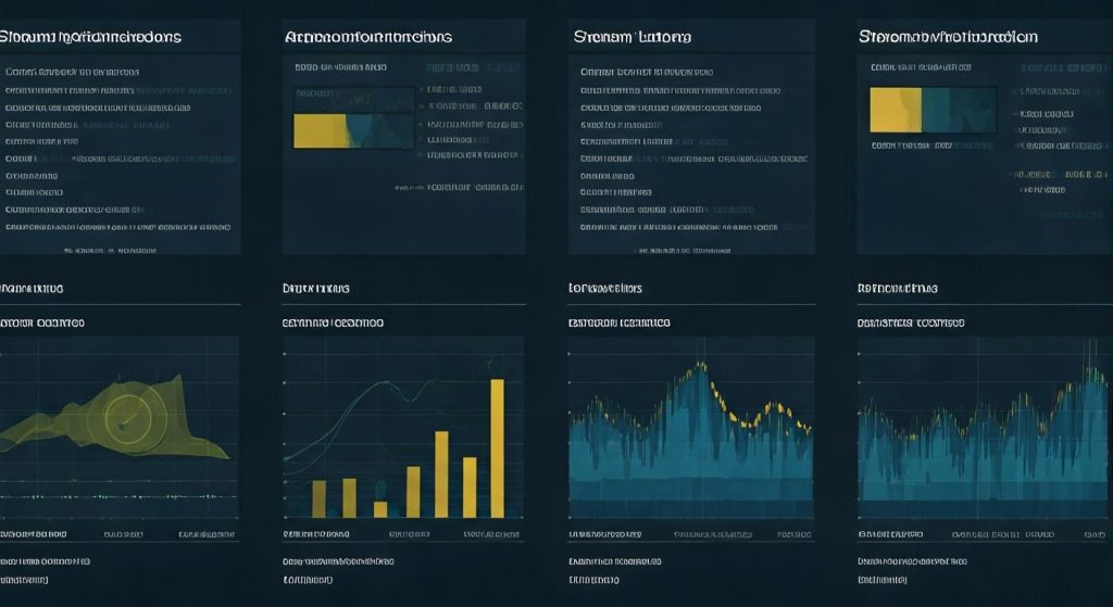 네 개의 다크 테마 대시보드 패널로 구성된 이미지로, 각각 스트림 모니터링, 성능 메트릭, 로그 수집, 검색 최적화에 대한 데이터가 표시되어 있으며, 상단에는 텍스트 설명이, 하단에는 시간 경과에 따른 시각화(웨이브폼, 막대 차트, 영역 차트)가 있습니다