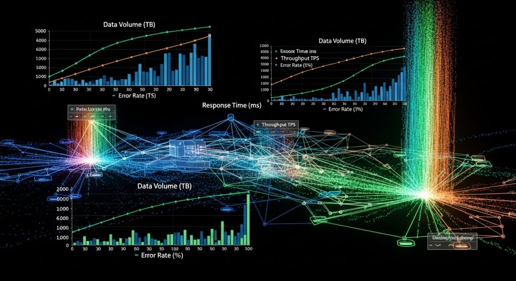 데이터 볼륨, 오류율, 응답 시간, 처리량을 보여주는 여러 차트가 오버레이된 복잡한 네트워크 시각화로, 왼쪽에서 오른쪽으로 흐르는 무지개색 데이터 스트림(빨강, 주황, 노랑, 초록)과 함께 상호 연결된 노드와 경로가 표시되어 있으며, 패킷 지연 시간 및 처리량 TPS 레이블이 있습니다
