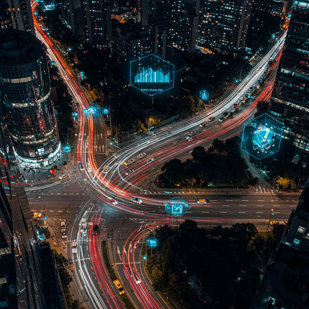 스마트 교통 데이터가 시각화된 야간 도심 교차로