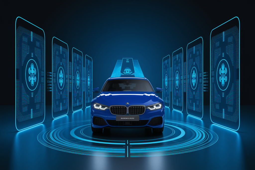 미래형 디지털 시스템으로 둘러싸인 블루 스마트카