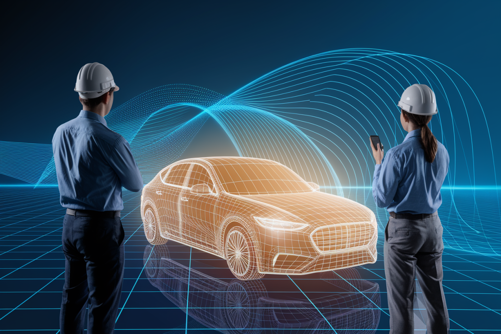 3D 차량 모델을 분석 중인 엔지니어 협업 장면