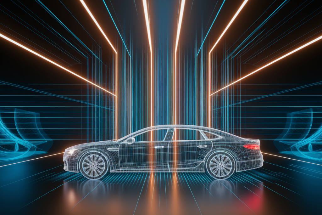 디지털 라인으로 구성된 3D 차량 모델