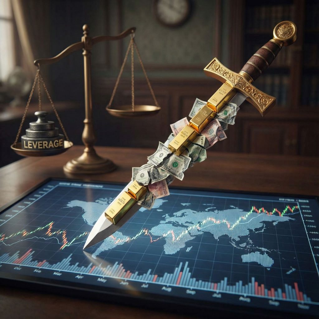 금괴와 부서진 화폐로 만든 양날의 검을 세계 금융 지도 위에 겨누고 뒤로는 위험하게 기울어진 레버리지 저울이 보입니다.