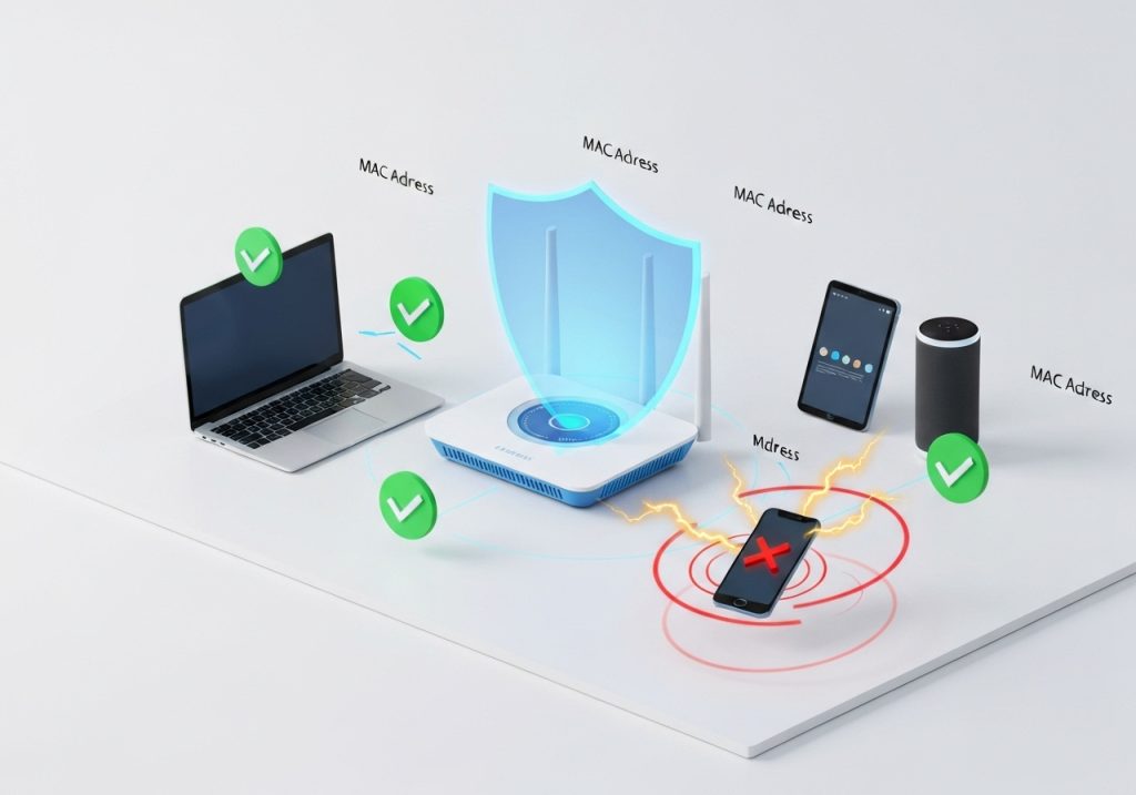 중앙 장치 위에 푸른 보호막이 떠 있고 주변 기기들은 승인 표시를 받는 반면 한 스마트폰만 차단 신호가 나타나는 보안 장면