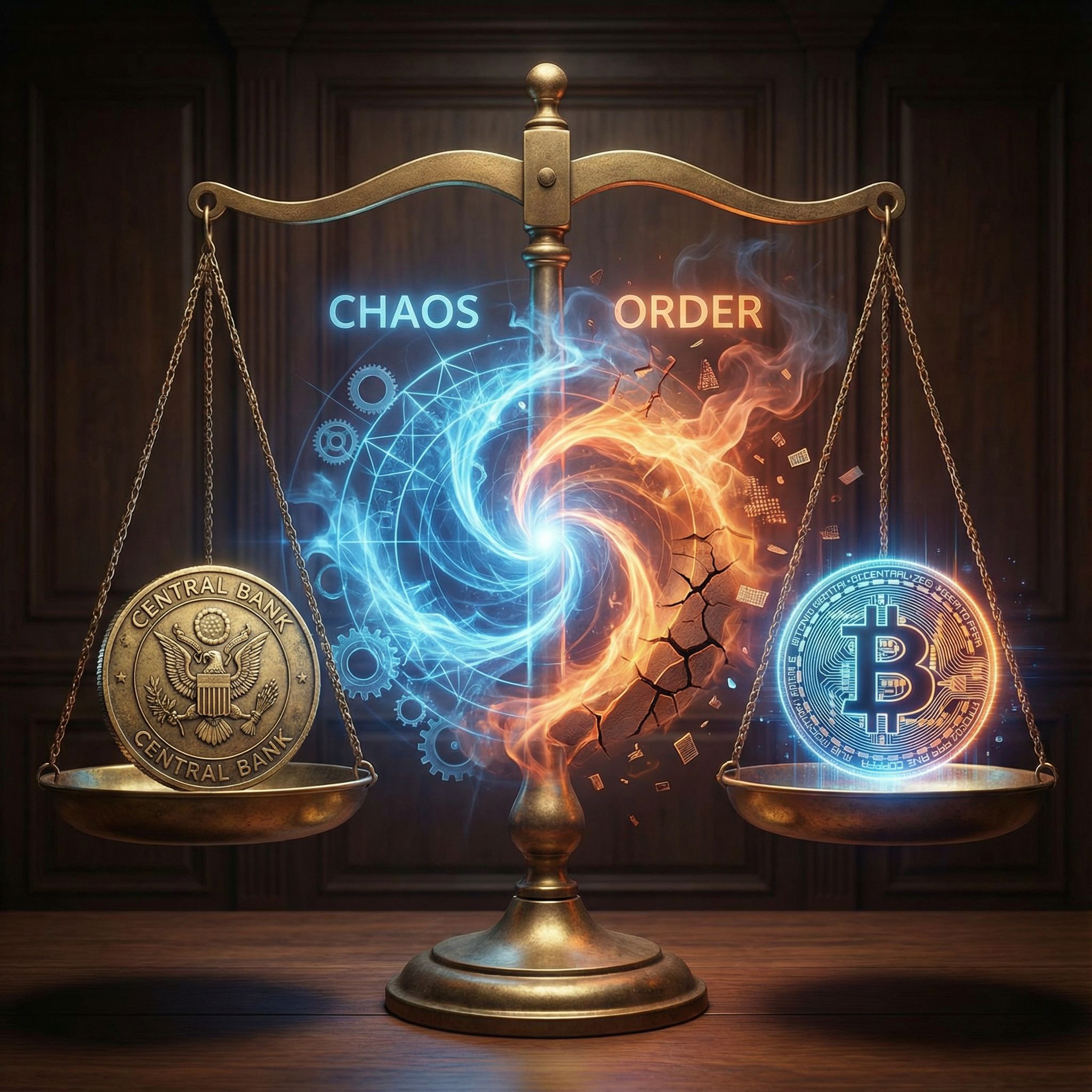 검은 바탕에 중앙의 디지털 저울이 금화와 빛나는 비트코인을 각각 올려놓고 있으며, 질서와 혼돈의 빛줄기가 충돌하는 모습이다.