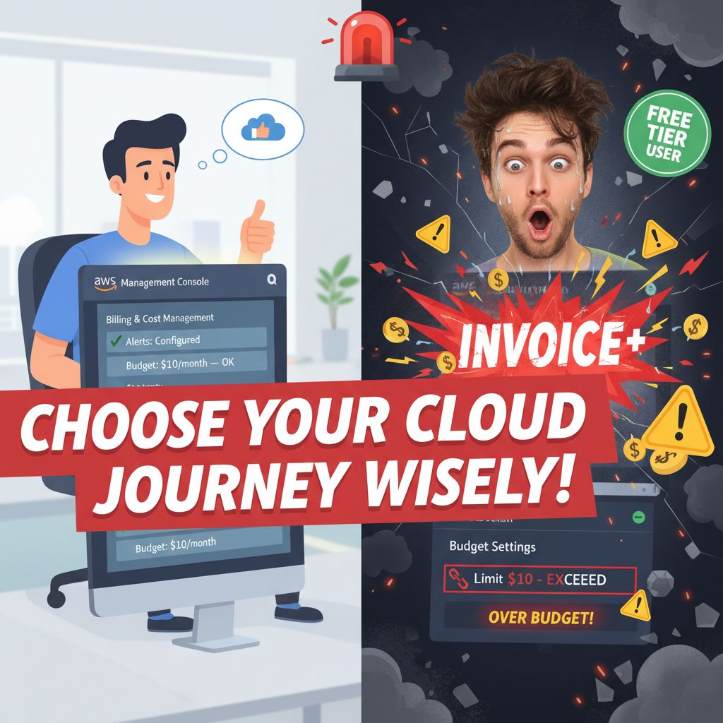 한쪽에서는 예산을 안정적으로 관리하는 인물이 등장하고 다른쪽에서는 과금 경고에 놀란 표정이 대비되며 선택의 중요성이 강조된 장면