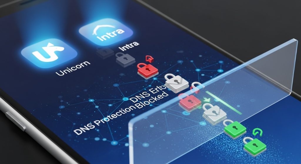 스마트폰 화면 위에 여러 색의 자물쇠 아이콘이 배열되고 보호 상태가 단계적으로 변화하는 과정이 시각화된 보안 장면