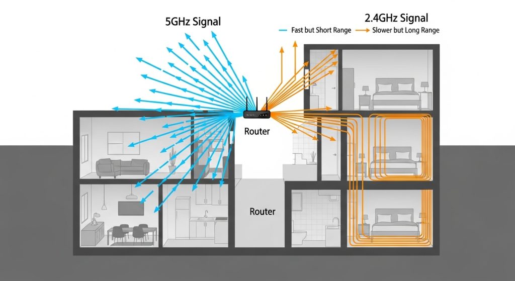 건물 단면도 중앙의 라우터에서 두 가지 주파수 신호가 각기 다른 색으로 퍼져 나가며 공간별 도달 범위를 보여주는 설명적 장면