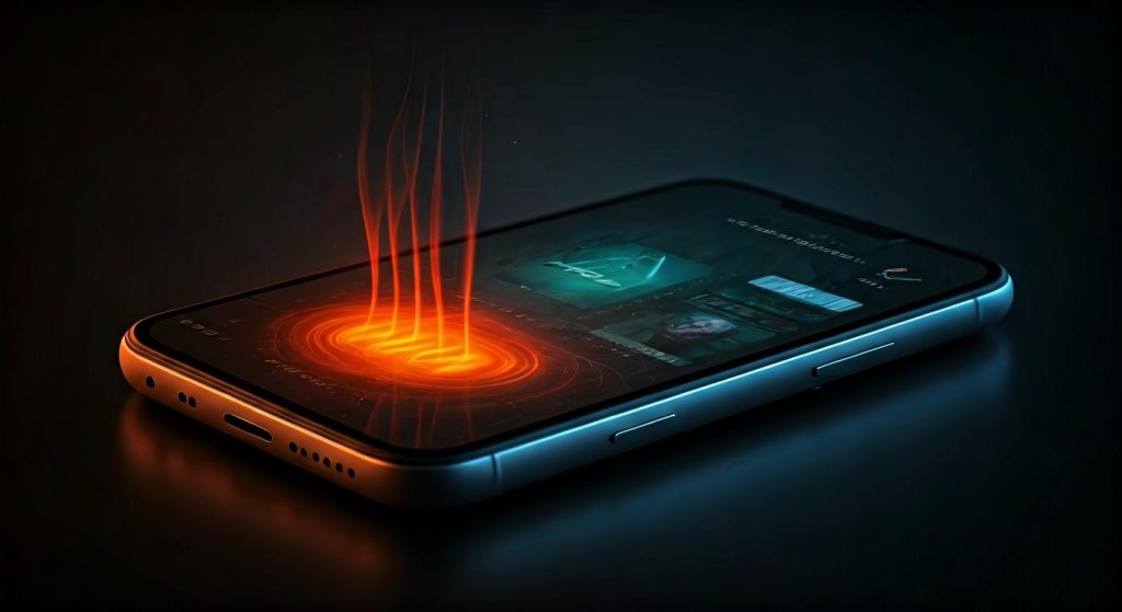 5G 네트워크 데이터 전송 시각화: 어두운 배경에 극적으로 조명된 스마트폰. 왼쪽 화면에서 빨강-주황색 동심원과 수직 빔이 방출되고, 오른쪽 화면에는 청록색 미래형 인터페이스가 표시됨. 주황색 테두리와 청록색 테두리의 듀얼톤 엣지 라이팅으로 고속 무선 데이터 전송과 5G 연결성을 극적으로 표현