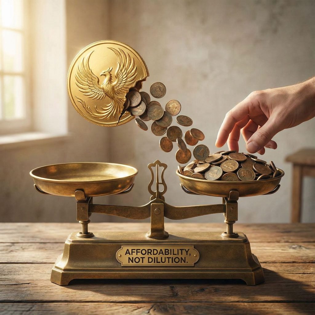 저울 위의 한 개의 금화가 여러 개의 작은 청동색 동전으로 나뉘어지는 모습입니다.