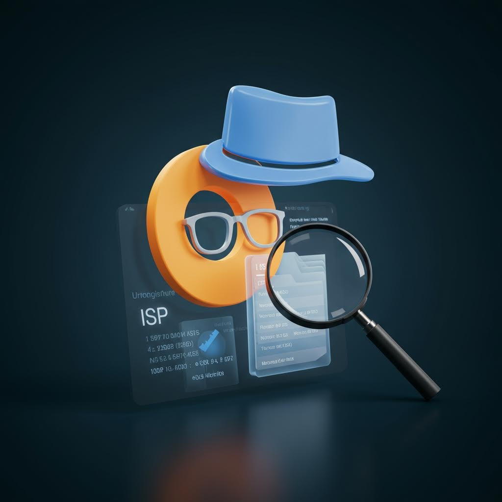 어두운 배경 속에서 모자와 안경을 쓴 아이콘이 돋보기와 겹쳐지며 정보 탐색을 암시하는 구성적 장면