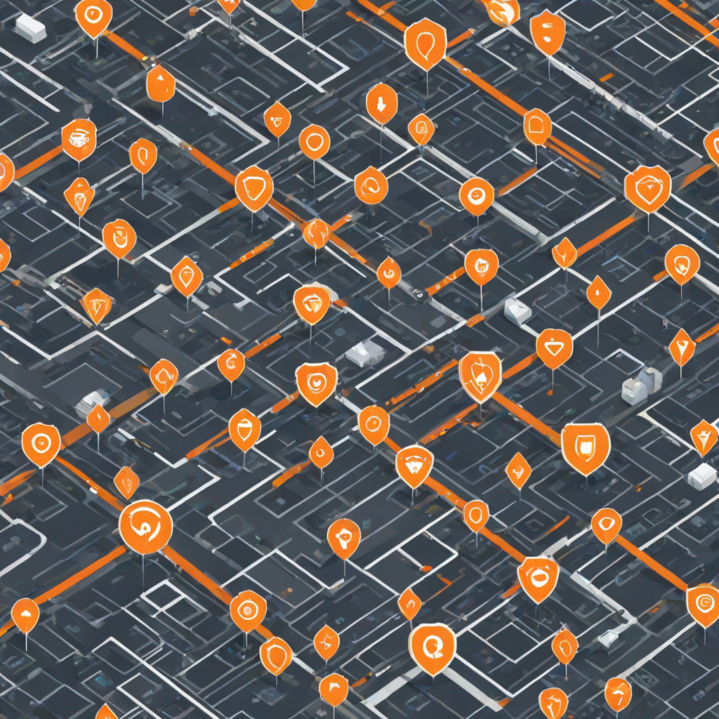 IoT 스마트 시티 네트워크 맵: 어두운 회색 아이소메트릭 도시 그리드 위에 수십 개의 주황색 위치 핀과 방패 아이콘이 흩어져 있고, 주황색 선들이 거리를 따라 연결됨. 각 아이콘은 전구, Wi-Fi, 보안, 교통, 전력 등 다양한 스마트 인프라 요소를 나타내며, 흰색 차량들이 점재하는 연결된 스마트 시티 생태계