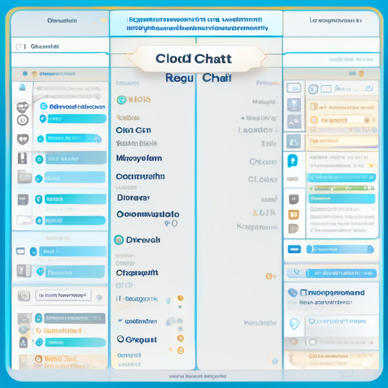 다양한 아이콘과 메뉴가 양옆에 배치되고 중앙에 채팅 목록이 정렬된 디지털 인터페이스 화면의 장면