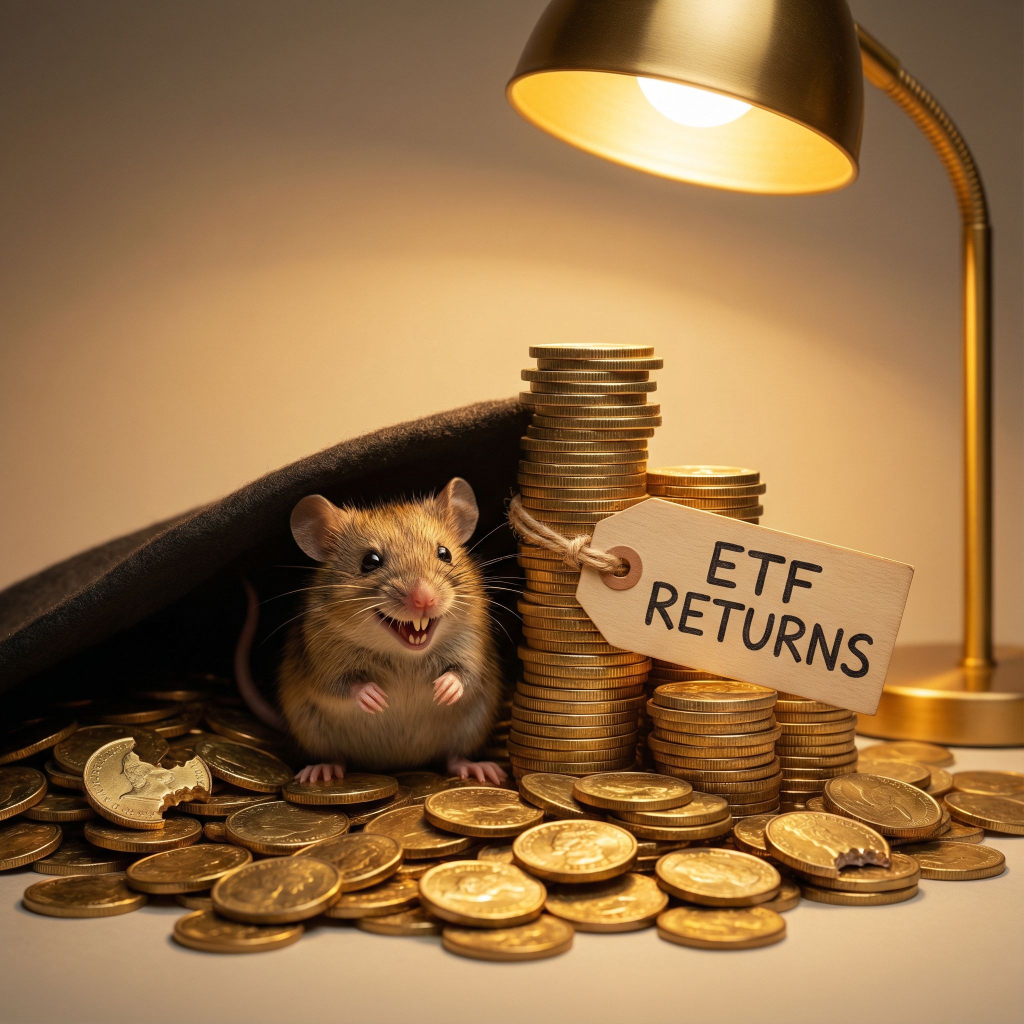 작은 날카로운 이빨을 가진 생물이 ETF 수익이라 적힌 금화 더미를 은밀하게 갉아먹는 은유적 모습이다.