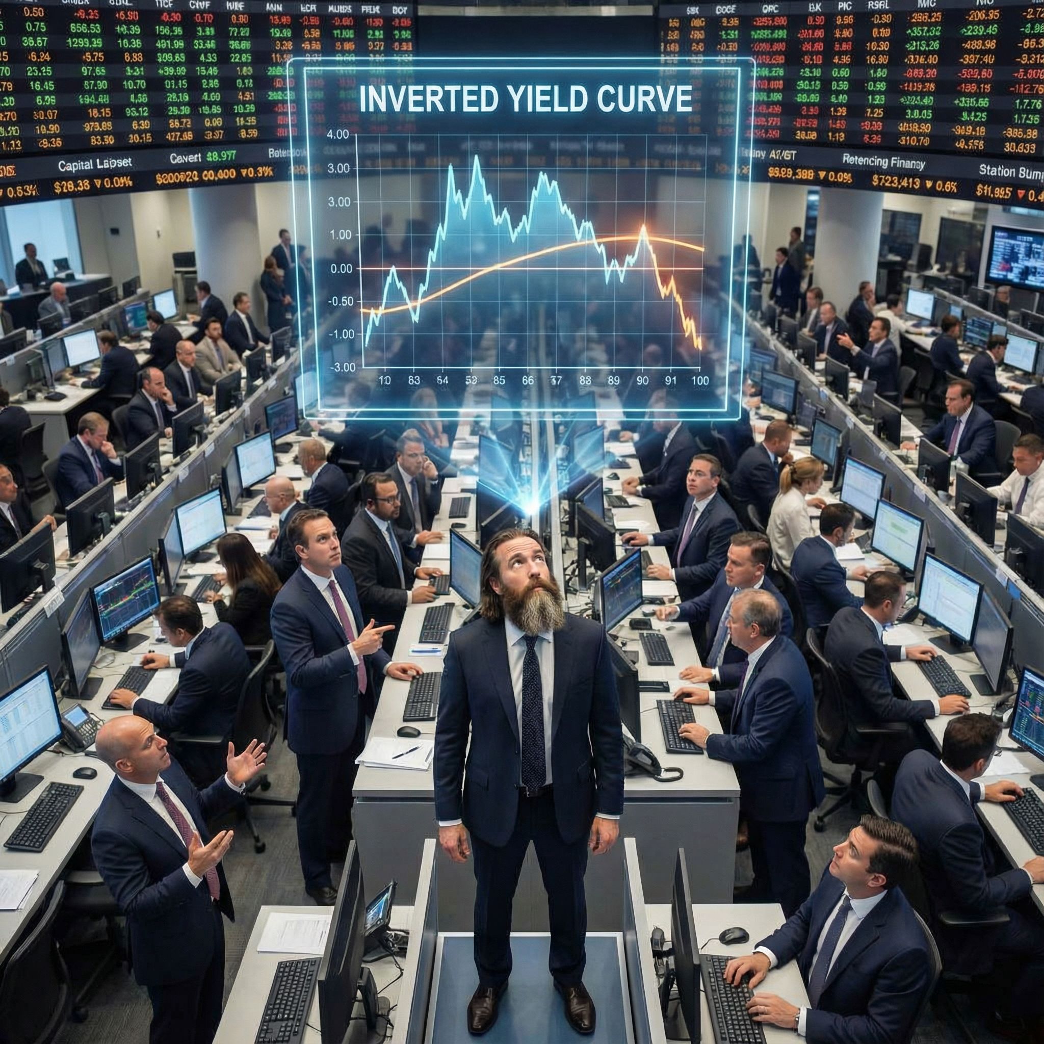정장을 입은 예언자가 활기찬 채권 거래소에서 빛나는 역전된 수익률 곡선 그래프를 바라보고 있다.
