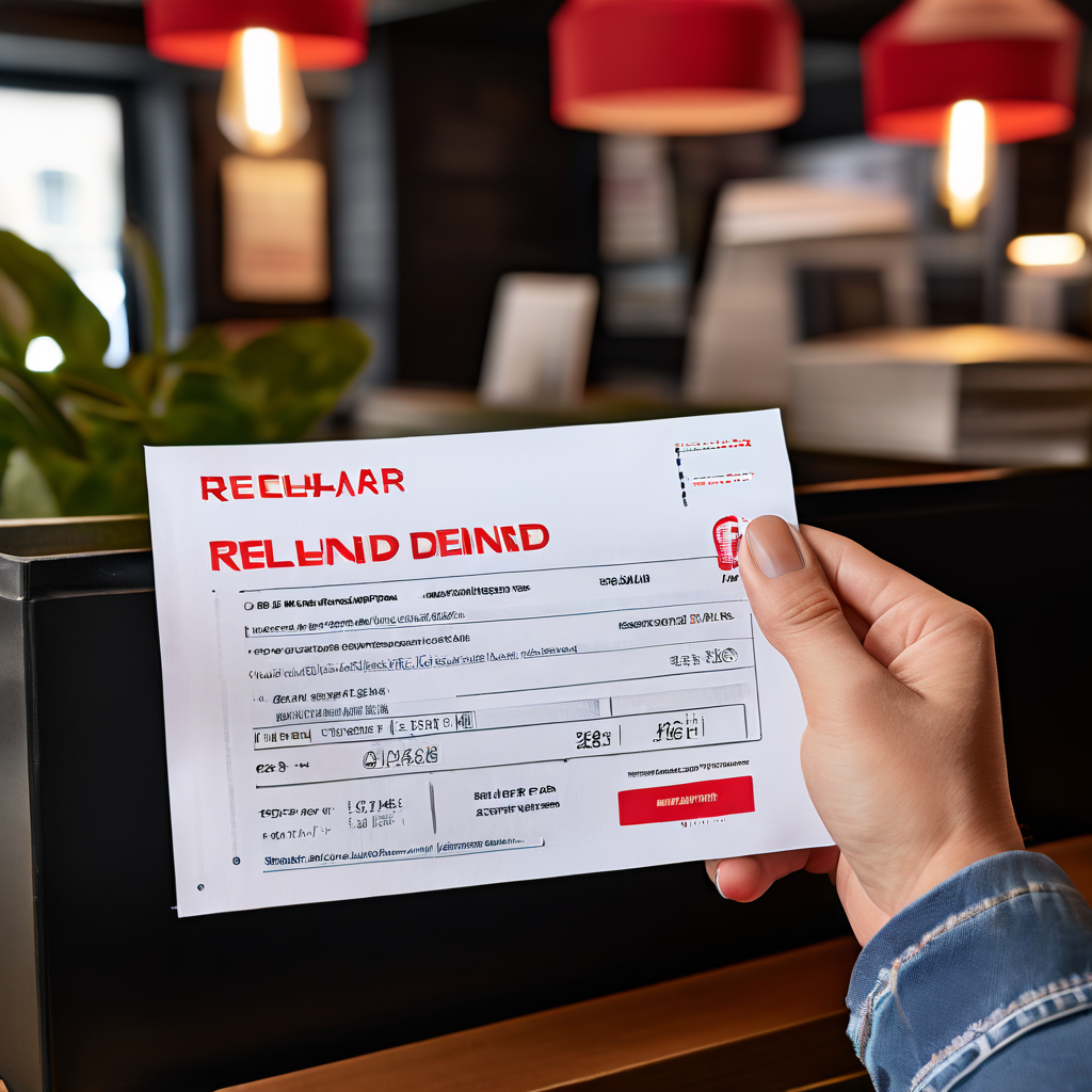 컴퓨터 화면의 도움말 페이지를 바라보는 손에, 빨간색 '환불 거부' 도장이 찍힌 영수증이 들려 있습니다.