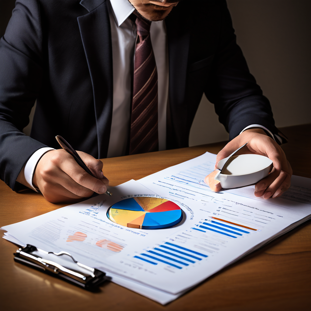 한 사람이 원형 그래프와 세금 문서를 살펴보며 머리 위에 물음표가 떠 있는 모습이다.