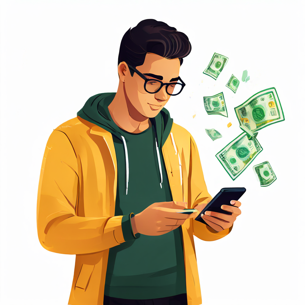 한 손에는 휴대폰 화면의 적은 결제 잔액을, 다른 손에는 현금을 들고 고민하는 표정의 사람이 보입니다.