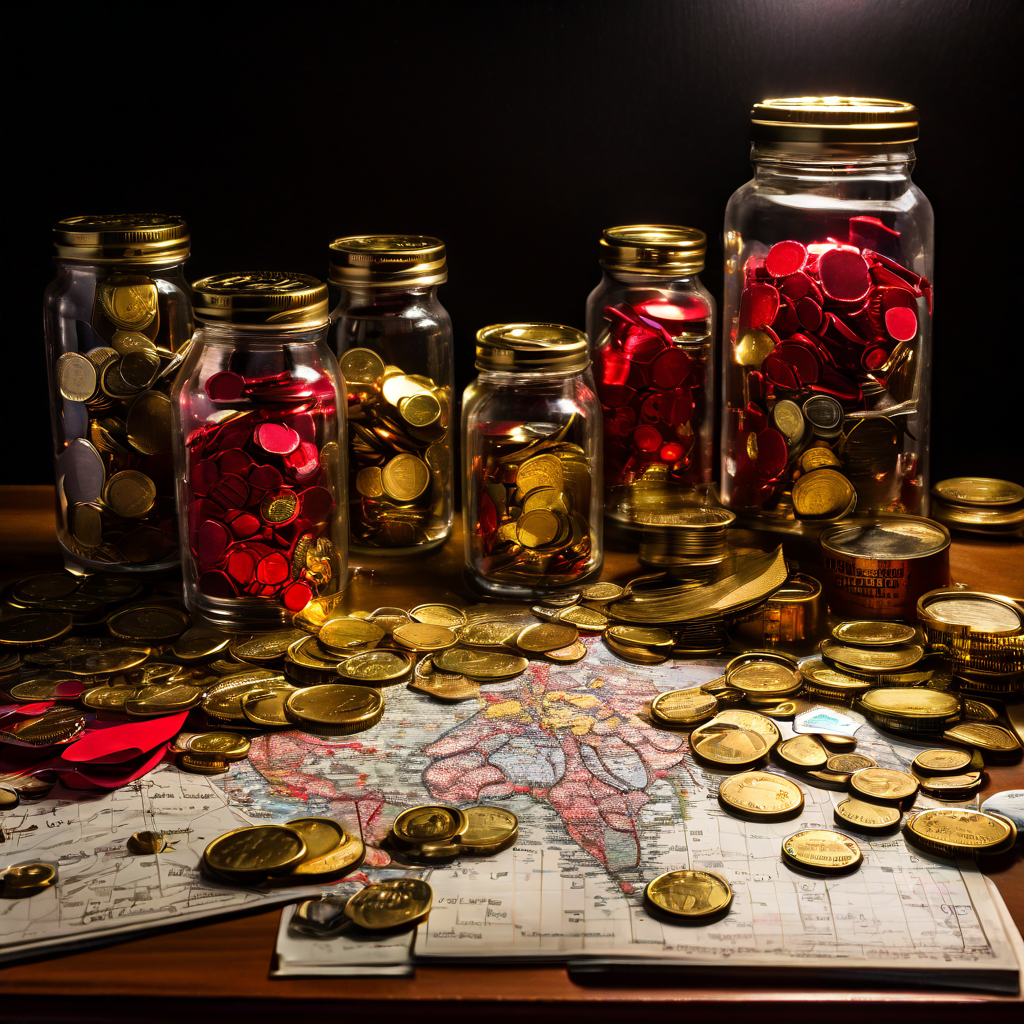 지도 위에 흩어진 금화들이 있으며 일부는 빨간 테이프에 묶이거나 접근이 어렵다고 적힌 유리병에 갇혀 있다.