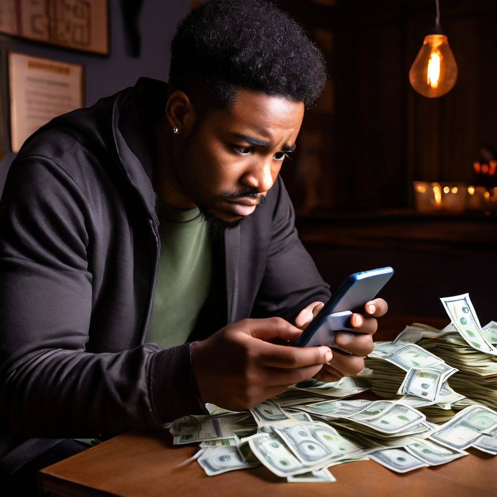 한 손에 들린 휴대폰 화면에 현금 전환 실패와 대기 중인 앱이 표시되어 있으며, 짜증 난 표정의 사람이 바라보고 있습니다.