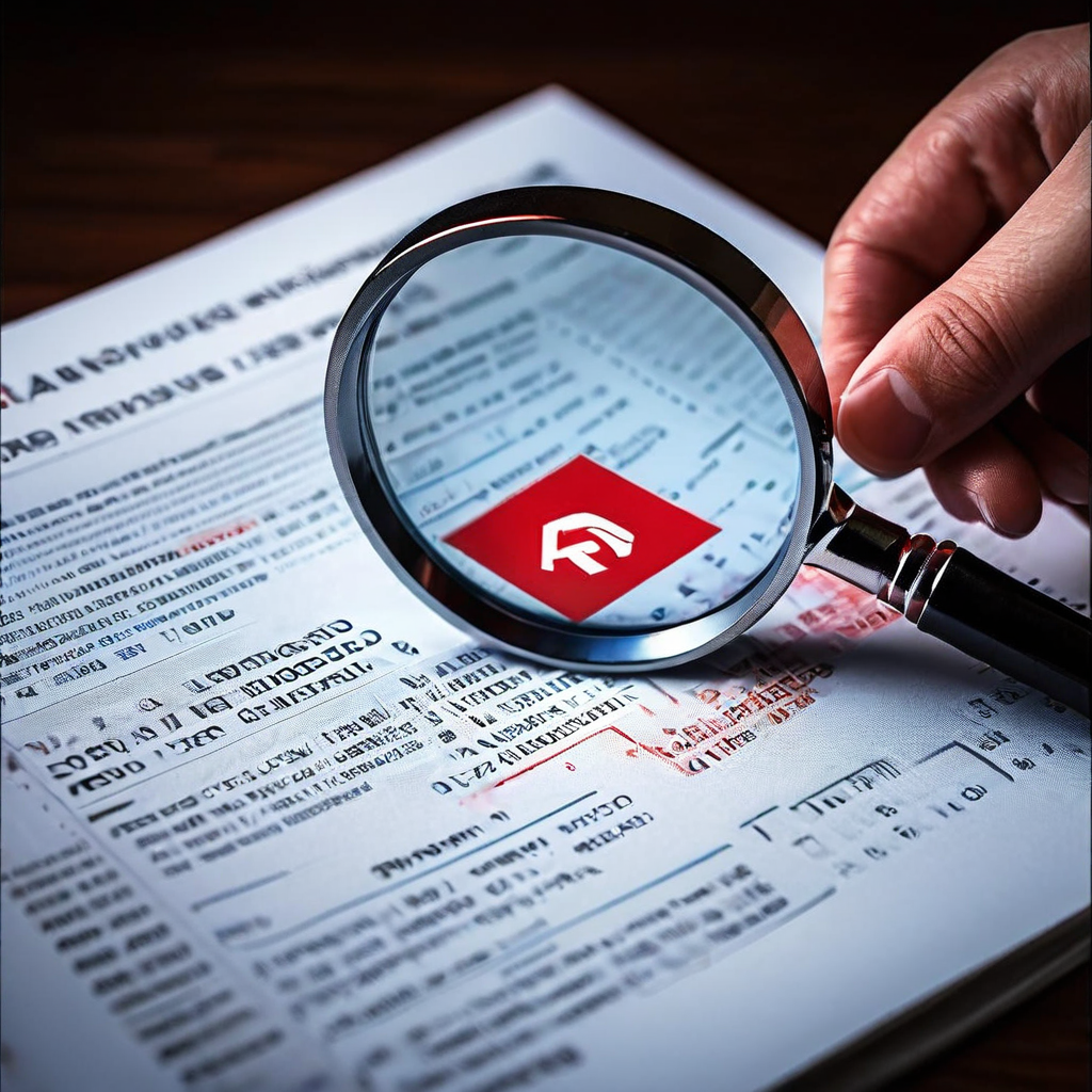 확대경 아래 신용 보고서에 숨겨진 빨간색 경고 기호가 강조된 모습이다.