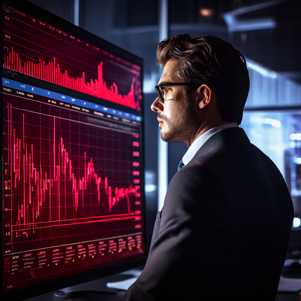 화면에 떨어진 주식 차트와 빨간 경고 표시를 바라보며 걱정하는 투자자의 모습이다.