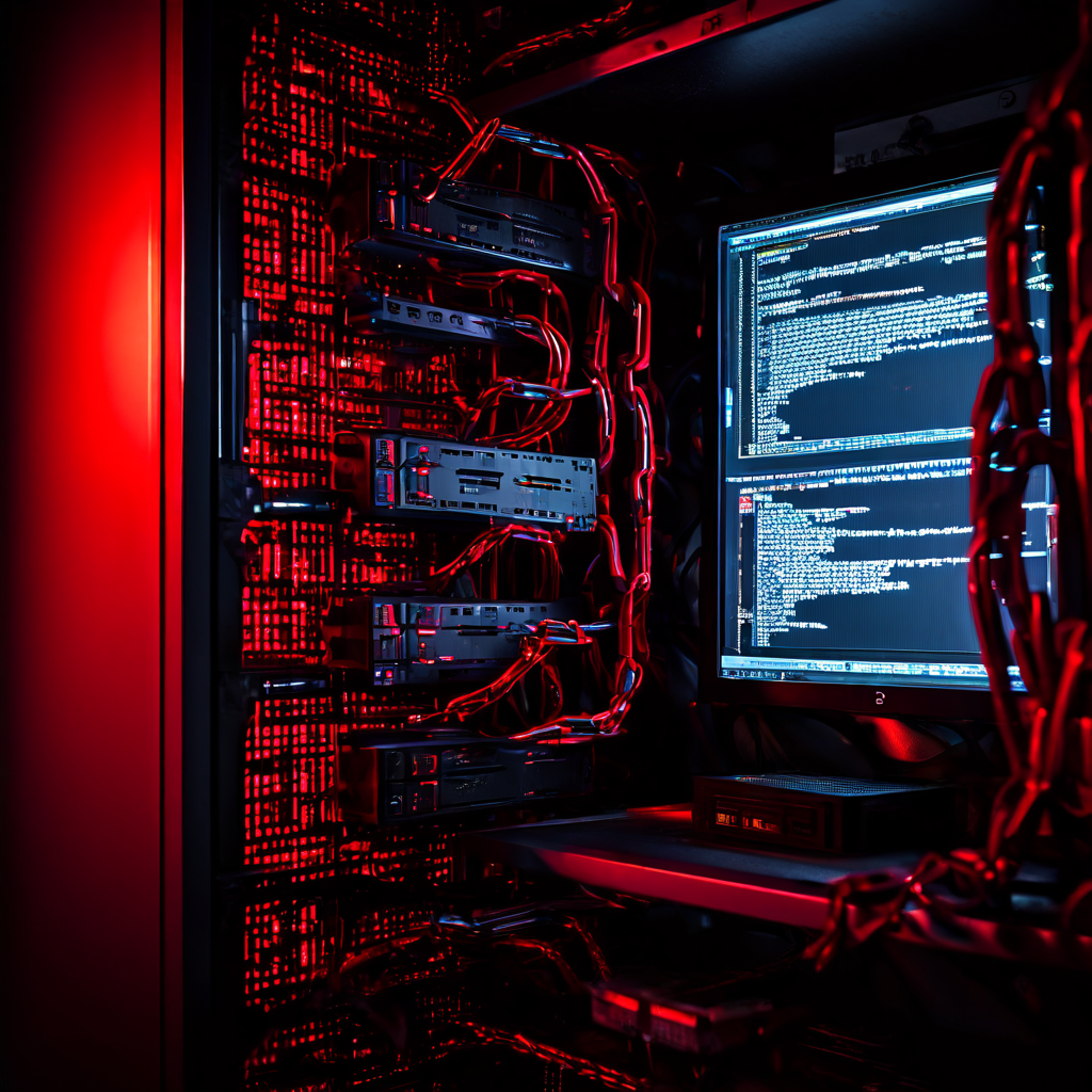 디지털 서버 랙에서 끊어진 빨간 체인 링크와 함께 모니터에 진단 오류 코드가 깜빡이는 시스템 장애 상황을 묘사한 이미지입니다.